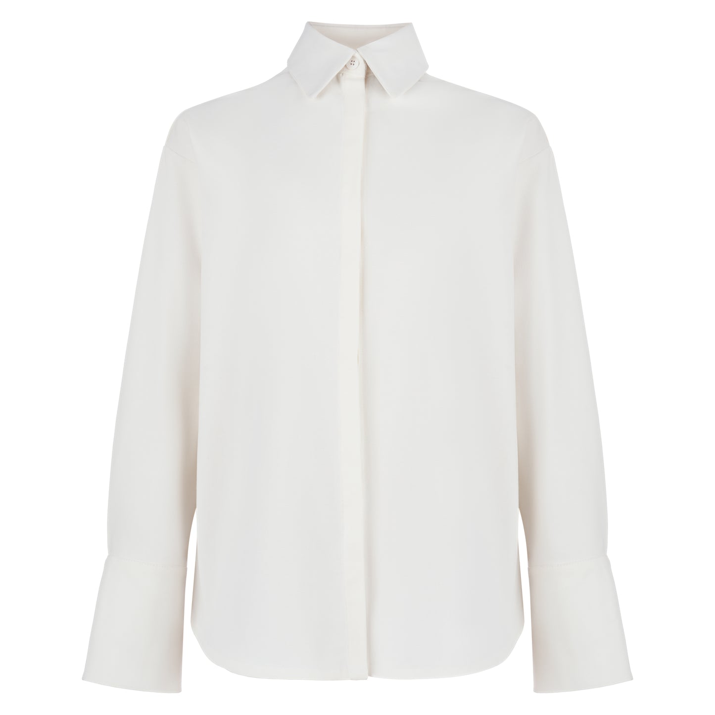 Front view of thick white straight-fit women's shirt with hidden placket, minimalist collar, and embroidered sleeve logo on a white background.
