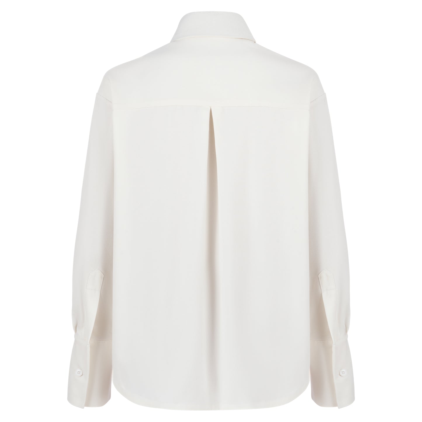 Back view of thick white straight-fit women's shirt with center pleat at the yoke, designed for a clean, tailored fit, on a white background.