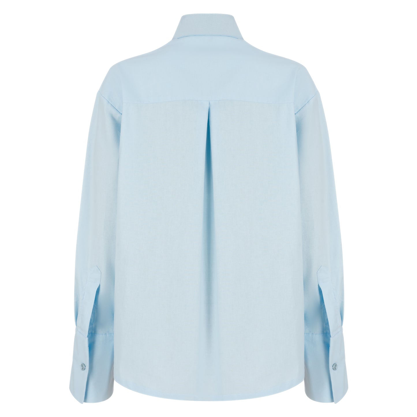 Back view of baby blue straight-fit women's shirt with center pleat at the yoke, designed for a clean, tailored fit, on a white background.