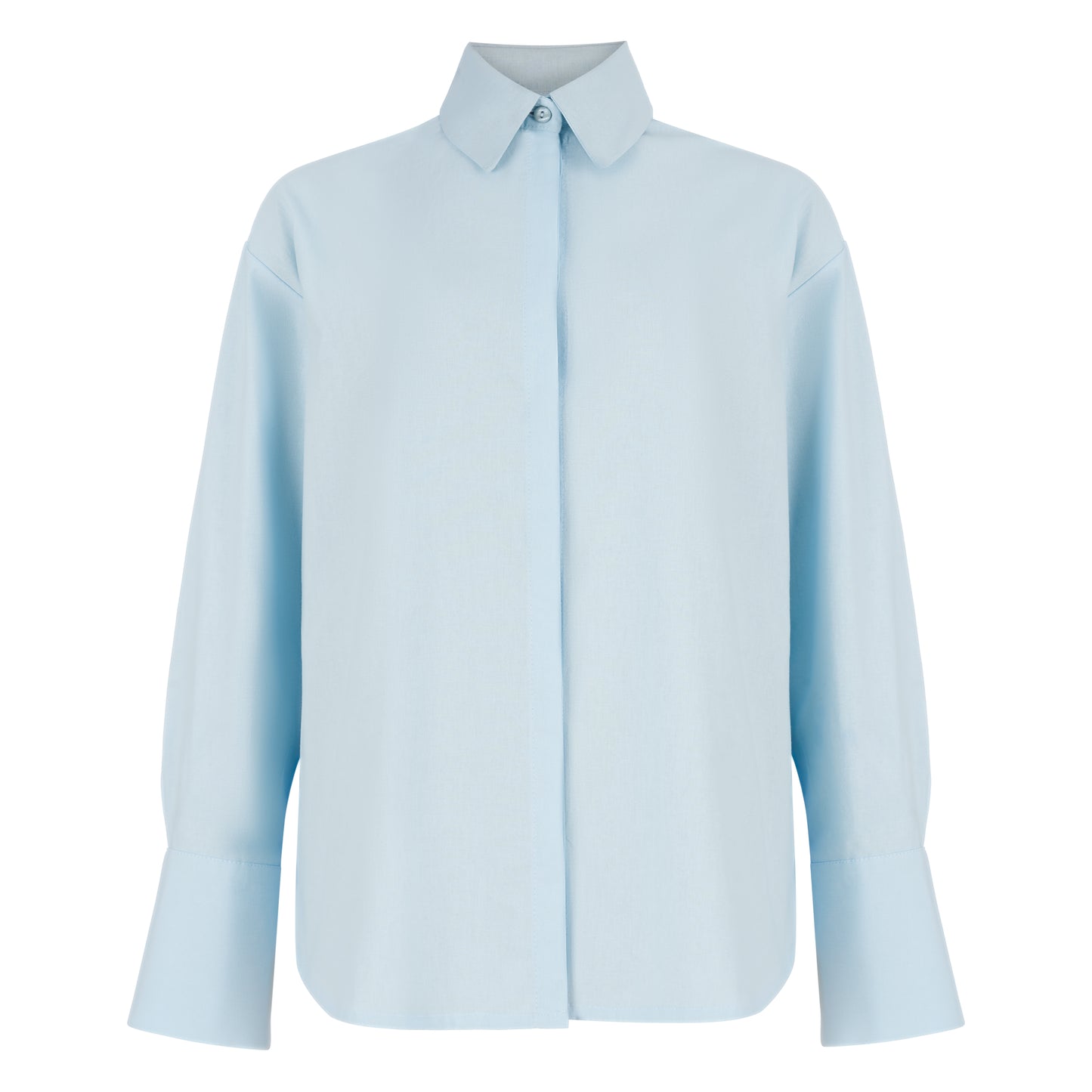 Front view of baby blue straight-fit women's shirt with hidden placket, minimalist collar, and embroidered sleeve logo on a white background.