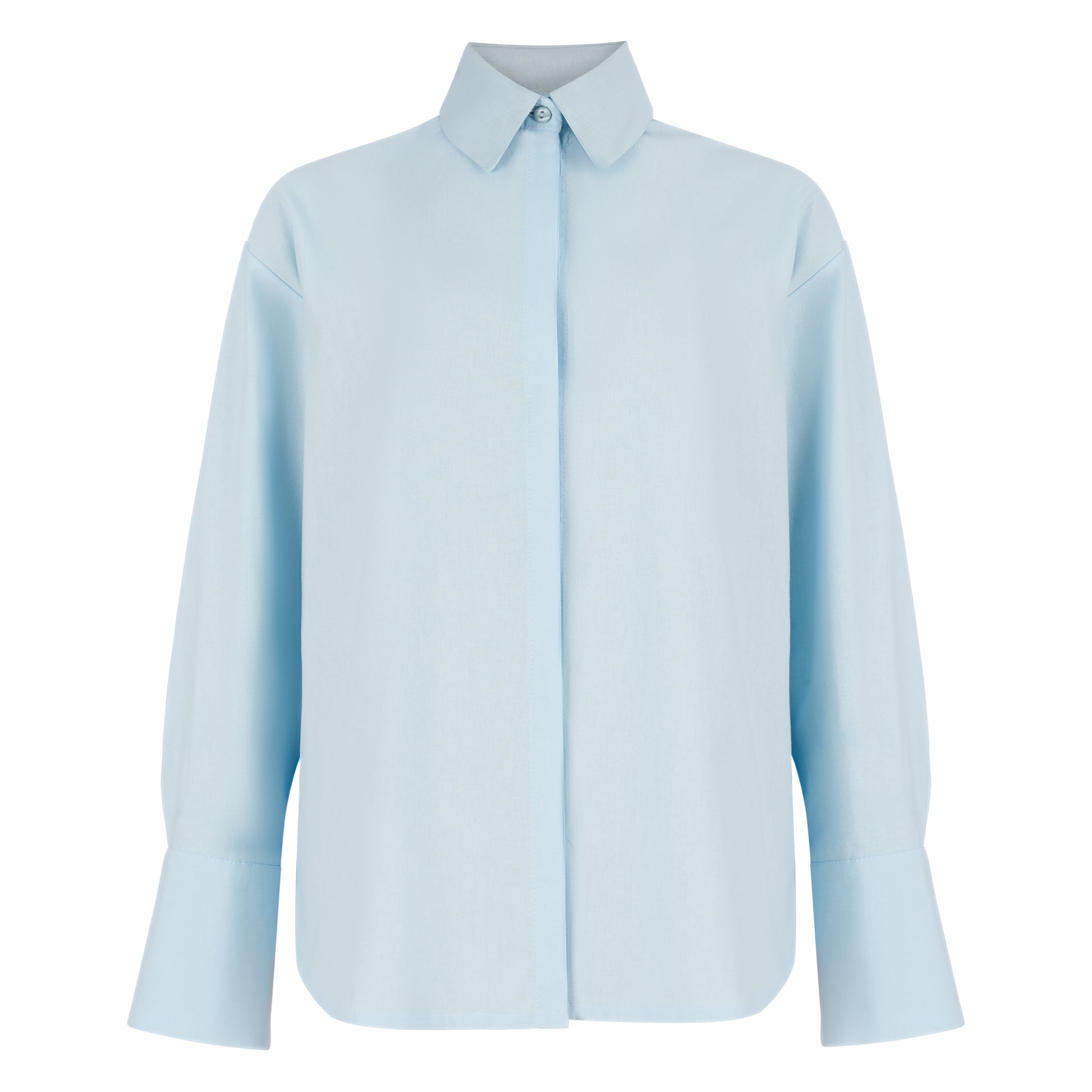 Front view of baby blue straight-fit women's shirt with hidden placket, minimalist collar, and embroidered sleeve logo on a white background.