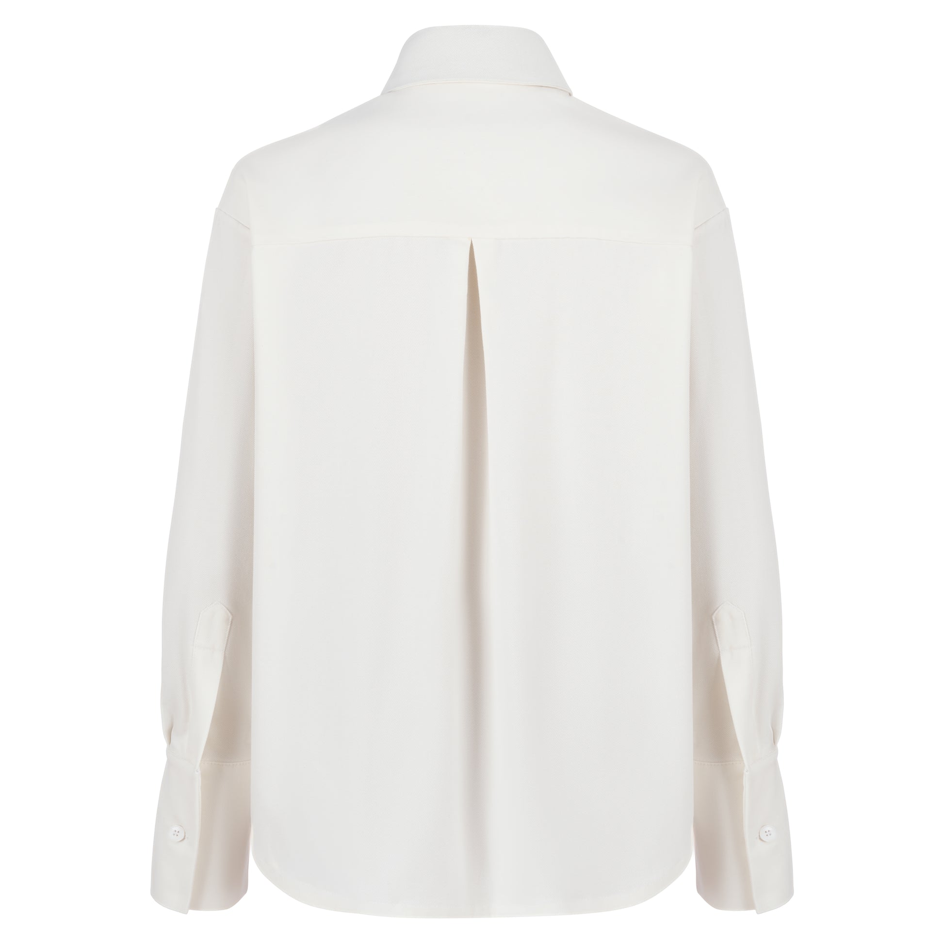 Back view of thick white straight-fit women's shirt with center pleat at the yoke, designed for a clean, tailored fit, on a white background.