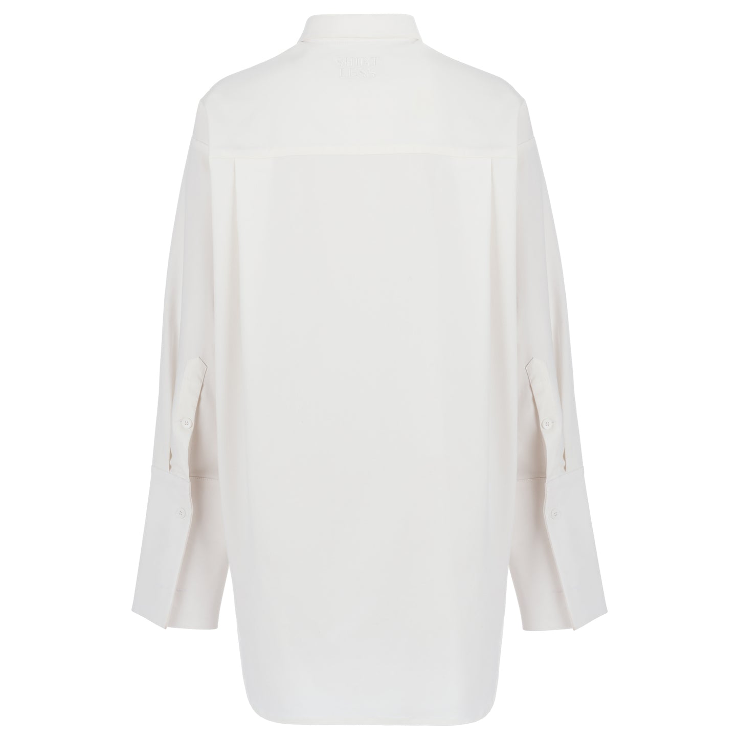 Back view of a white oversized shirt on a white background, emphasizing the elongated back and pleats for a flattering silhouette.