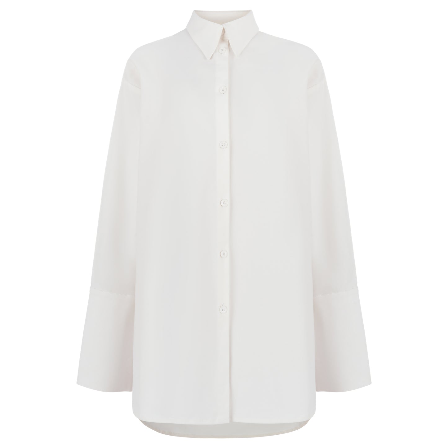 Front view of a white oversized shirt on a white background, highlighting the collar with three buttons and clean front closure design.