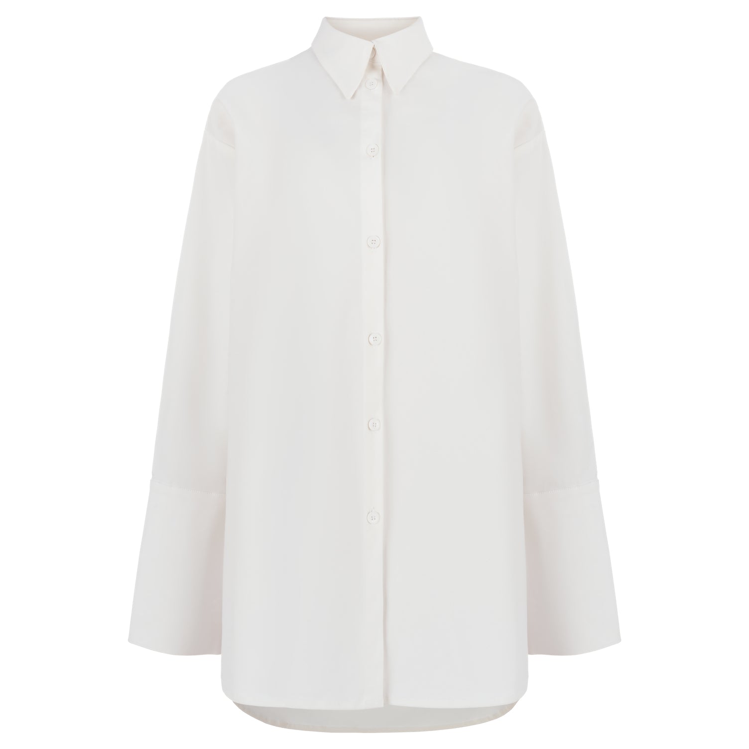 Front view of a white oversized shirt on a white background, highlighting the collar with three buttons and clean front closure design.